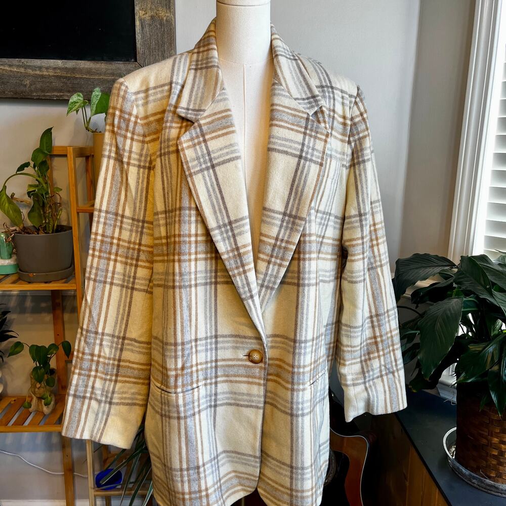 Vintage 90s Plaid Wool Blend Blazer Academia Heritage Cream Tan & Blue Size XL